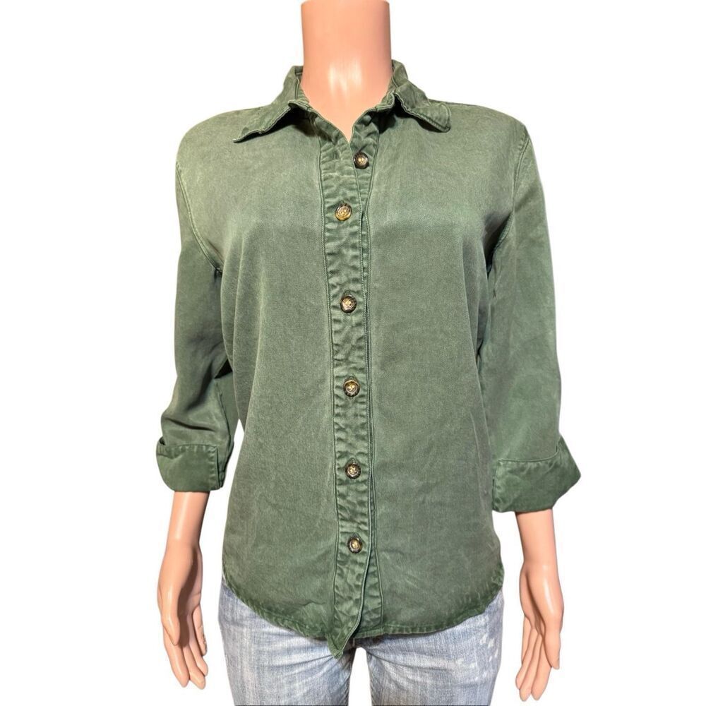 Pulp Women 3/4 sleeve tencel button-down evergreen shirt M